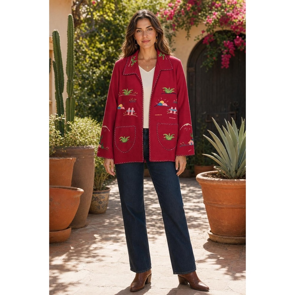 Vintage Creaciones Anahuac Wool Jacket Women's M Red Mexican Folk Art Retro